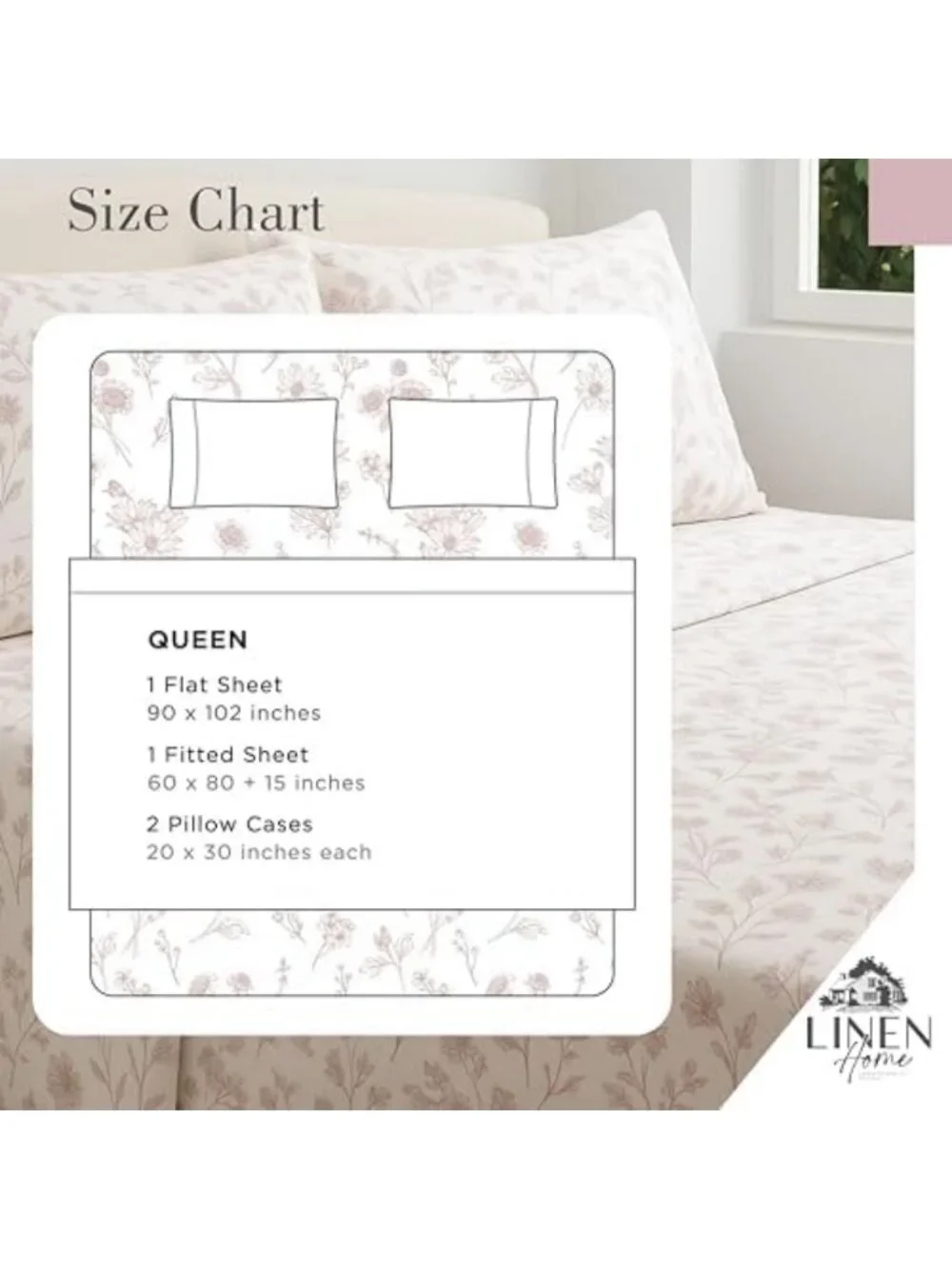 Queen Cotton Percale Sheet Set - 100% Linen, Mauve Botanical Print, Soft
